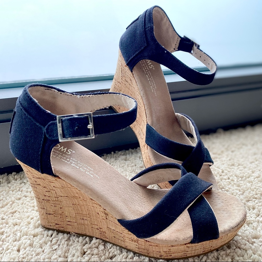 Toms Navy Blue Cork Wedge Sandals